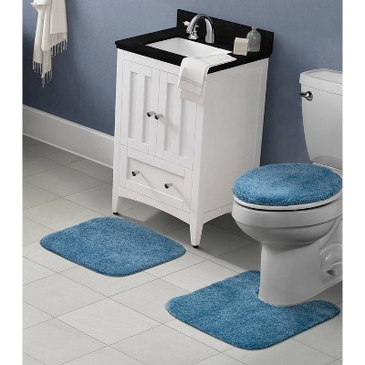 Traditional Basin Blue Nylon 3-Piece Bathroom Rug Set