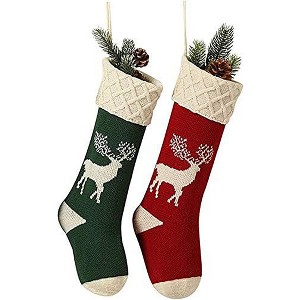 Aoibox Christmas Stockings 2 Pack 18 Inch Hand Knitted Red Green Reindeer Snowflake Extra Long Holiday Decor for Fireplace Mantel - 1 of 4