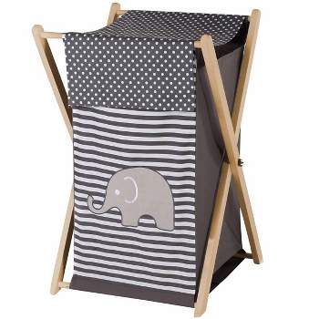 Bacati - Elephants White/Gray Laundry Hamper with Wooden Frame