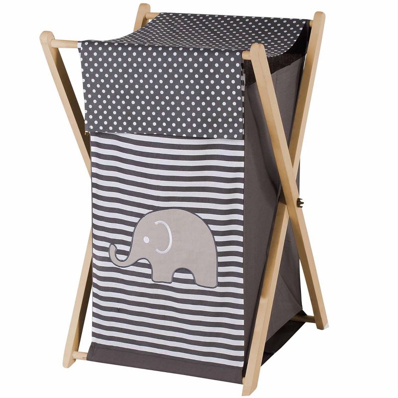 Bacati - Elephants White/Gray Laundry Hamper with Wooden Frame, 1 of 5