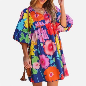 Amaryllis Women's Oversized Floral Mini Dress Boho V-Neck Balloon Sleeve Tiered Flowing Babydoll Dress - 1 of 4