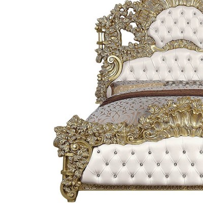 Bernadette White and Gold King Bed with Tufted Upholstery and Nailhead Trim