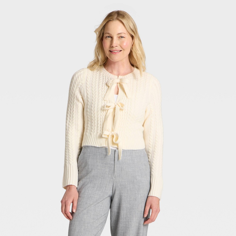 Women's Long Sleeve Bow Cardigan Sweater - A New Day™ Cream XS