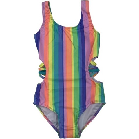 GO COCO Little Girls’ One Piece Cute Beach Swimsuit, Rainbow/Stripe, 5/6