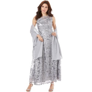 Roaman's Women's Plus Size Embellished Gown With Shawl - 1 of 4