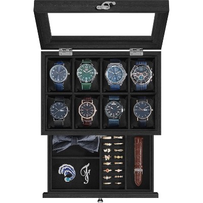 8-Slot Watch Box, 2-Tier Watch Display Case with Large Glass Lid, Removable Watch Pillows