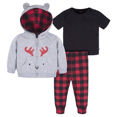 Image of Gerber Baby and Toddler Boys' Hoodie, T-Shirt & Active Pant Set - Moose - 3-6 Months - 3-Piece