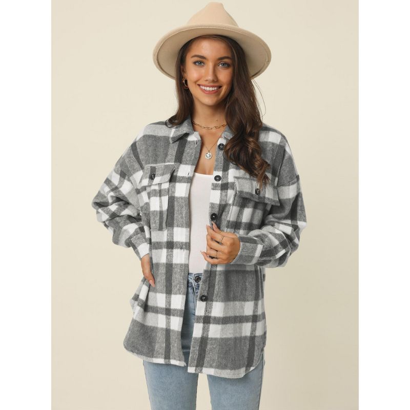 Seta T Women's Fall Winter Button Front Closure Long Sleeve Plaid Jacket with Pockets, 2 of 6