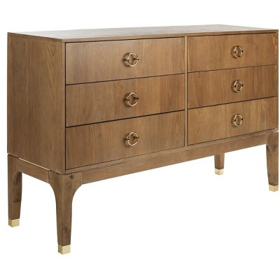 Rustic Oak 6-Drawer Transitional Dresser with Brass Hardware