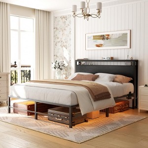 Aheaplus Queen Bed Frame with Headboard, Headboard with LED Light and USB Hub Headboads Reinforced Slat Support - 1 of 4