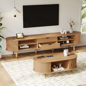 Bella Depot Wooden Farmhouse TV Stand & Coffee Table Set, Oval Fluted Media Console with Sliding Doors for TVs up to 80" - 1 of 4