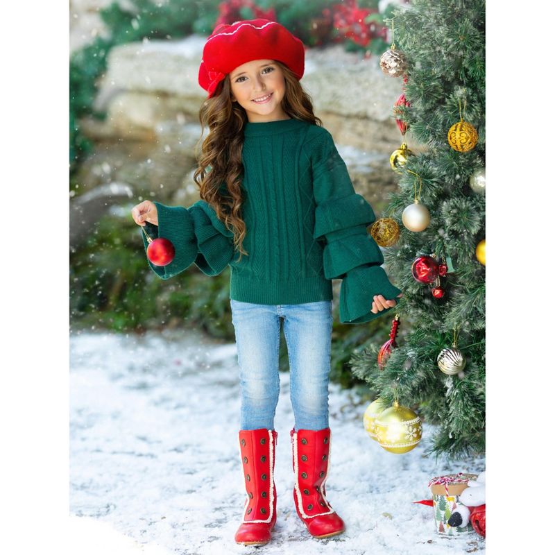 Girls Deck The Halls Tiered Sleeve Cable Knit Sweater - Mia Belle Girls, 3 of 4