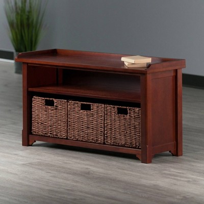 Walnut Wood Storage Bench with Woven Baskets