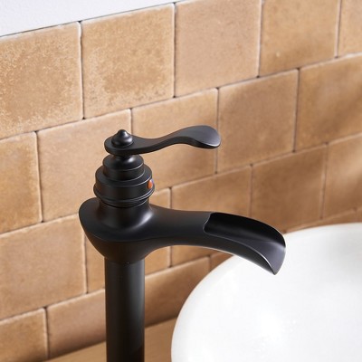 Matte Black Tall Vessel Sink Faucet with Waterfall Spout and Drain Assembly