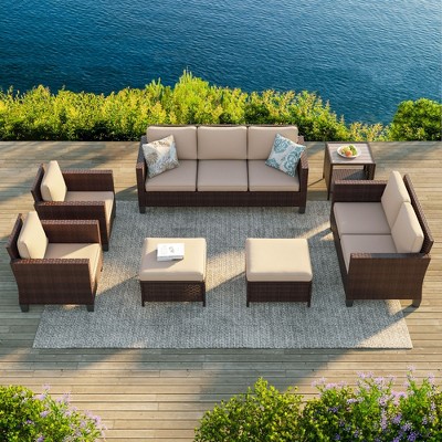 Sonkuki 7 Pieces Pe Rattan Furniture Set With Side Table, Patio Chair ...