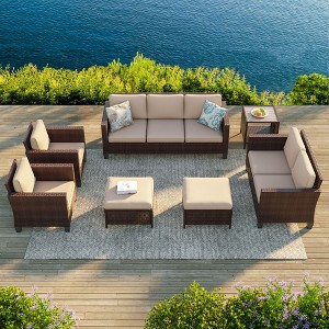 Sonkuki 7 Pieces PE Rattan Furniture Set with Side Table, Patio Chair with Cushion, Ottomans for Lawn, Light Gray - 1 of 4