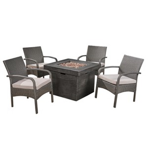 GDFStudio Lemere Outdoor Wicker 5 Piece Club Chair and Fire Pit Set with Cushion - 1 of 4