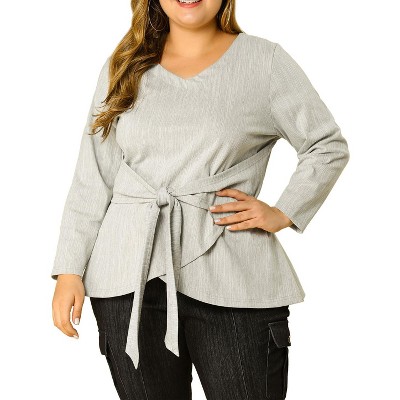 Agnes Orinda Women's Plus Size Work Long Sleeves Fashion Belted Knot Tie Knit Blouses