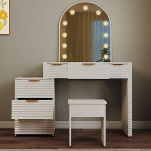 AEELLEEA Makeup Vanity Desk with Mirror Lights Glass Tabletop Vanity Table Modern Makeup Desk with Drawers for Bedroom White US Plug - 1 of 4