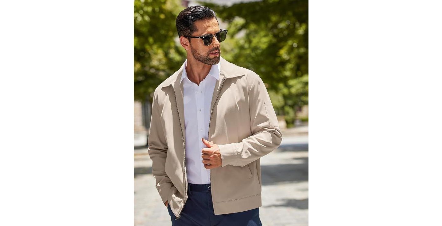 Мужская куртка COOFANDY Lightweight Zip Up Jacket Eisenhower Work Office Jackets Casual Golf Outwear Khaki, цвет: Хаки — фото 3
