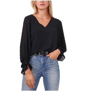 Vince Camuto Womens Clip Dot Smocked Cuff Ruffled Blouse, Black, X-Small - 1 of 1