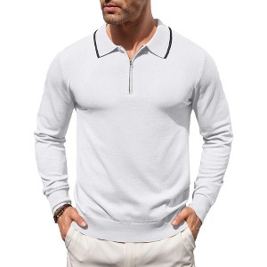 COOFANDY Men's Knit Polo Shirt Long Sleeve Quarter Zip Polo Sweater Casual Golf Shirts Vintage Striped Collar Polo - 1 of 4