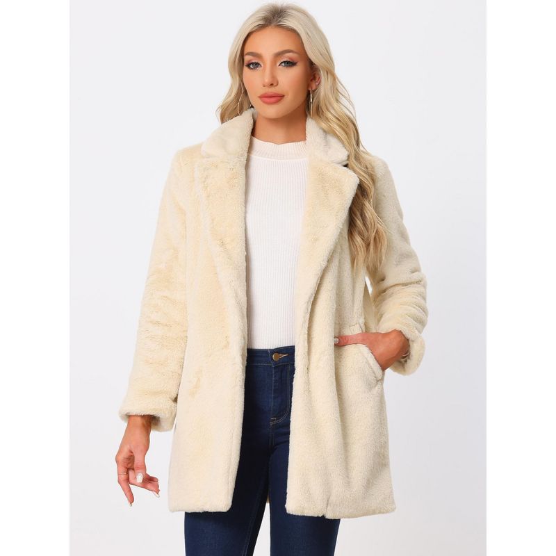 Allegra K Women's Lapel Collar Faux Fur Fuzzy Winter Long Overcoat with Pockets, 2 of 6
