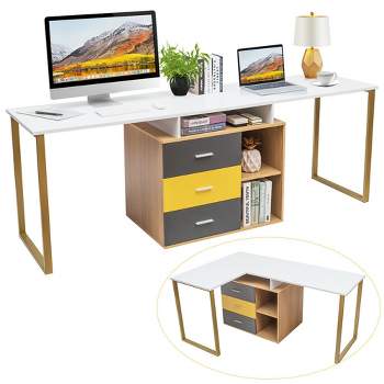 Costway 87'' Two Person Computer Desk Adjustable L-Shaped Office Desk w/Shelves & Drawers