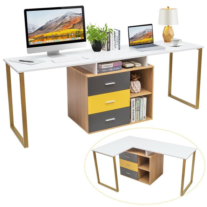 Costway 87'' Two Person Computer Desk Adjustable L-Shaped Office Desk w/Shelves & Drawers, 1 of 11