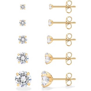 5 Pairs 14K Gold Plated Stud Earrings: Hypoallergenic Cubic Zirconia Set in Stainless Steel - 1 of 4