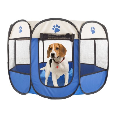 Blue Metal Mesh Pop-Up Pet Playpen with Carrying Case