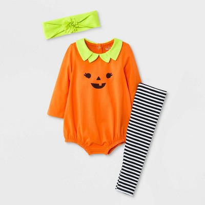 Image of Baby Girls' 3pc 'Halloween Pumpkin' Top & Bottom Set with Headband - Cat & Jack™ Orange Newborn