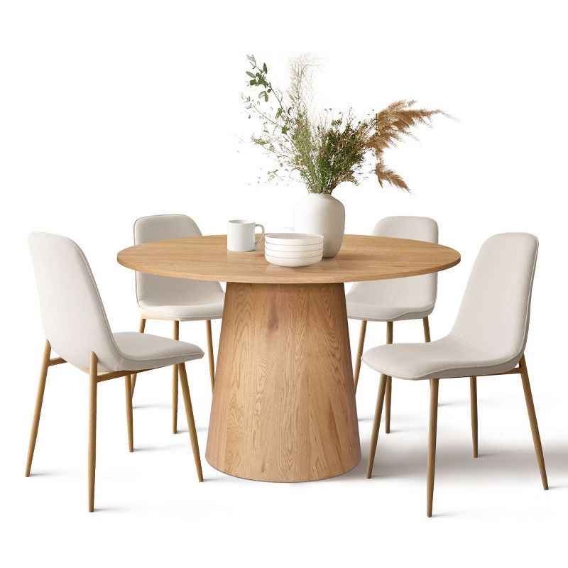 Round Oak Dining Table With 4 Chairs,Upholstered Armless Dining Chairs with Manufactured wood Grain Top Modern Round Dining Table Set-Maison Boucle‎, 3 of 9