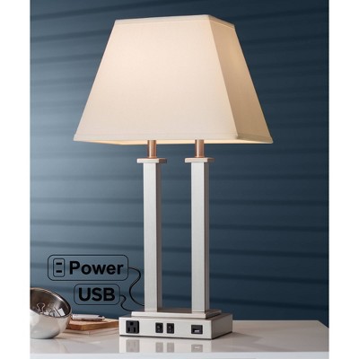 Brushed Nickel Table Lamp with USB and White Linen Shade