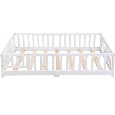 DOMETOUR full Size Floor Bed with Door,Solid Wood Platform Bed Frame with Fence,Suitable for children,Pine Wood,White