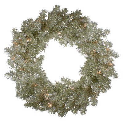 Northlight Pre-Lit Metallic Champagne Artificial Tinsel Christmas Wreath - 24 inch, Clear Lights