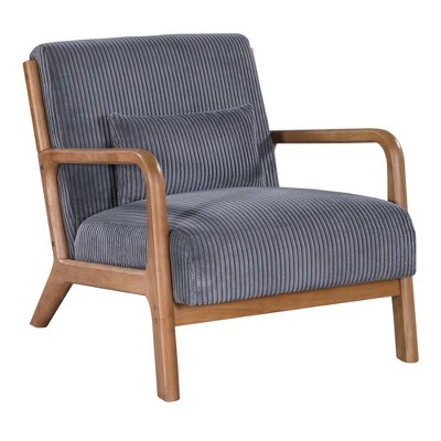 JUJABU Modern Accent Chair with Ribbed Corduroy Upholstery & Lumbar Pillow – Natural Wood Frame