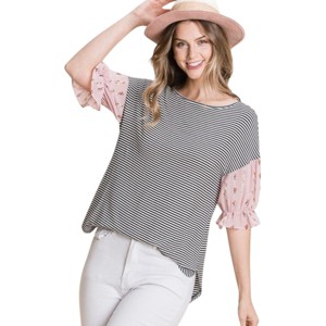 Slickblue Striped Curved Hem Casual Top, Mini Floral Chiffon Sleeves, Cute & Comfortable, Pink, S - 1 of 4