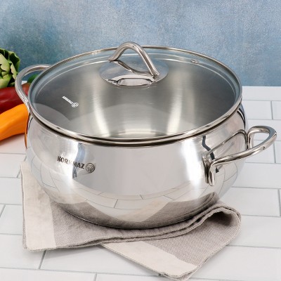 Korkmaz 2.5 Liter Polished Stainless Steel Casserole with Glass Lid