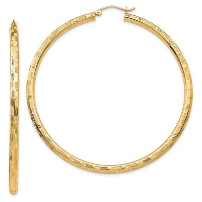 Black Bow Jewelry 3mm x 60mm 14k Yellow Gold Textured Round Hoop Earrings