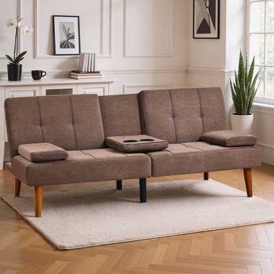 Futon Sofa Bed-Leather Small Futon Couch, Futon Lounge Sofa, Futon Convertible with Cup Holder