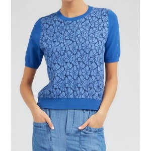 Women's Short Sleeve Lace Overlay Sweater - current air - 1 of 4