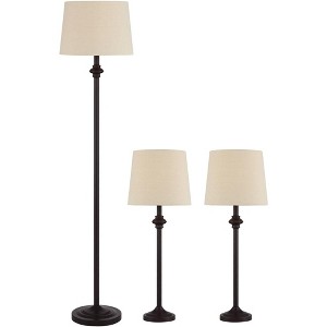 360 Lighting Carter Traditional 3 Piece Floor Table Lamp Set Bronze Metal Oatmeal Drum Shade for Bedroom Living Room Bedside Nightstand Office House - 1 of 4