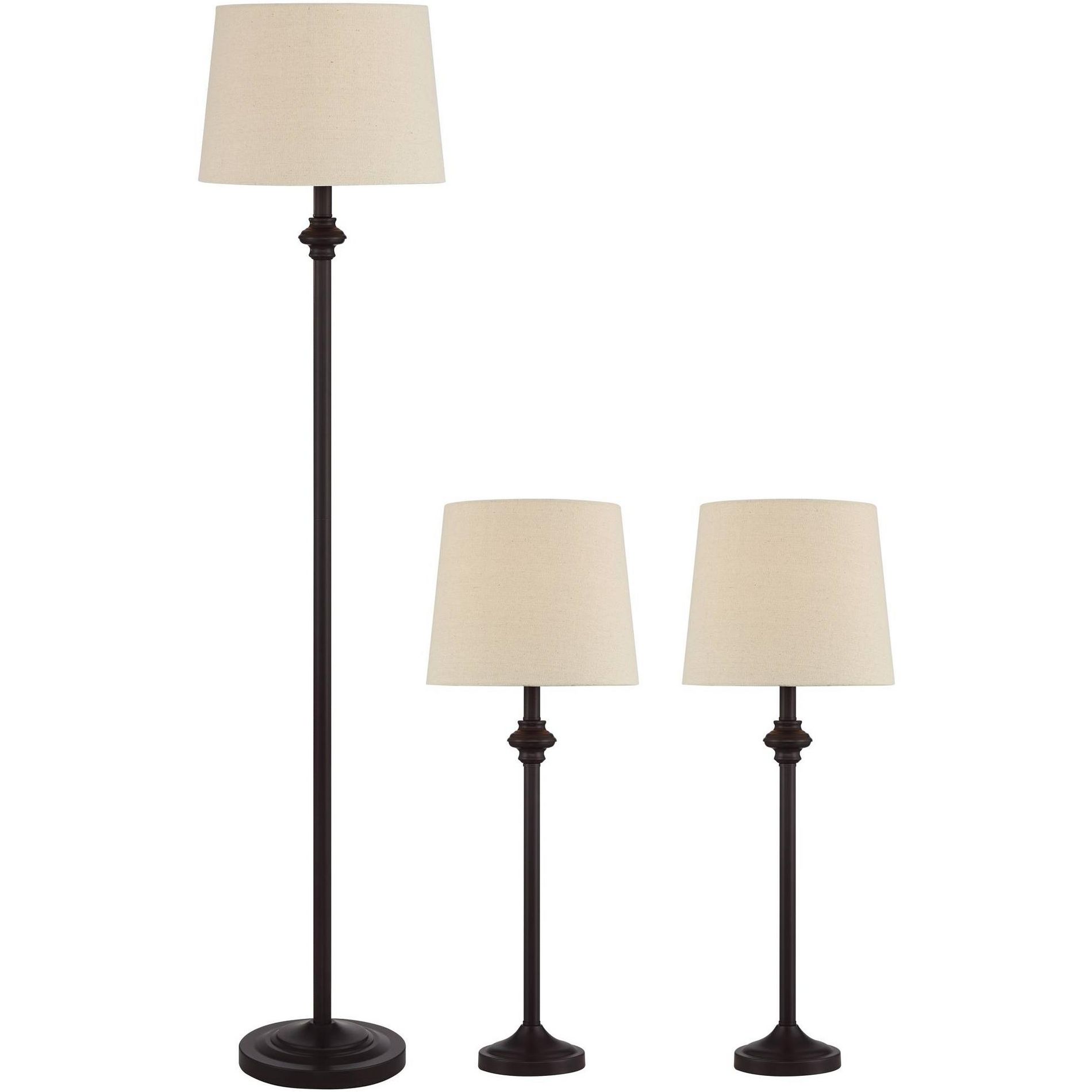 360 Lighting Carter Traditional 3 Piece Floor Table Lamp Set Bronze Metal Oatmeal Drum Shade for Bedroom Living Room Bedside Nightstand Office House