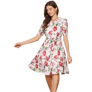 INSPIRE CHIC Women's Vintage Floral Peter Pan Collar High Waist Puff Sleeve A-line Midi Dress - 1 of 4