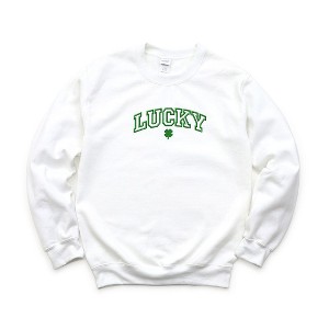 Simply Sage Market Women's Graphic Sweatshirt Embroidered Lucky Varsity Clover St. Patrick's Day- Green Ink - 1 of 3