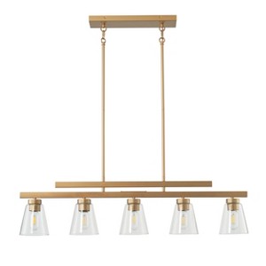Modern Gold Linear Chandelier, 5-Light Kitchen Island Pendant, Rectangular Dining Room Lighting with Glass Shades - 1 of 4