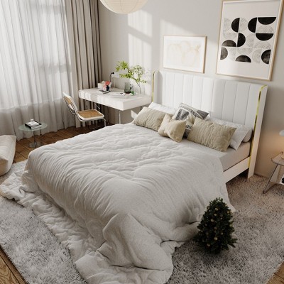 Famapy White Queen - Sized Sleek Mnimalist Bed Frame: Padded Backrest, Robust Structure, Golden Hued Luxury Legs, Constructing