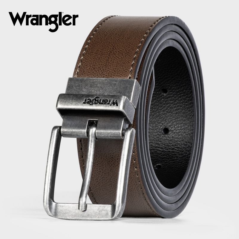 Men's Two-in-One Reversible Leather Belt, Brown Black Casual Work Everyday Classic Harness Buckle Belt - Wrangler
