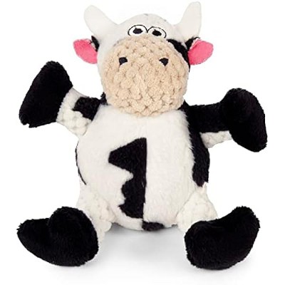 goDog Checkers Just for Me Sitting Cow Squeaky Plush Dog Toy, Chew Guard Technology - White, Mini